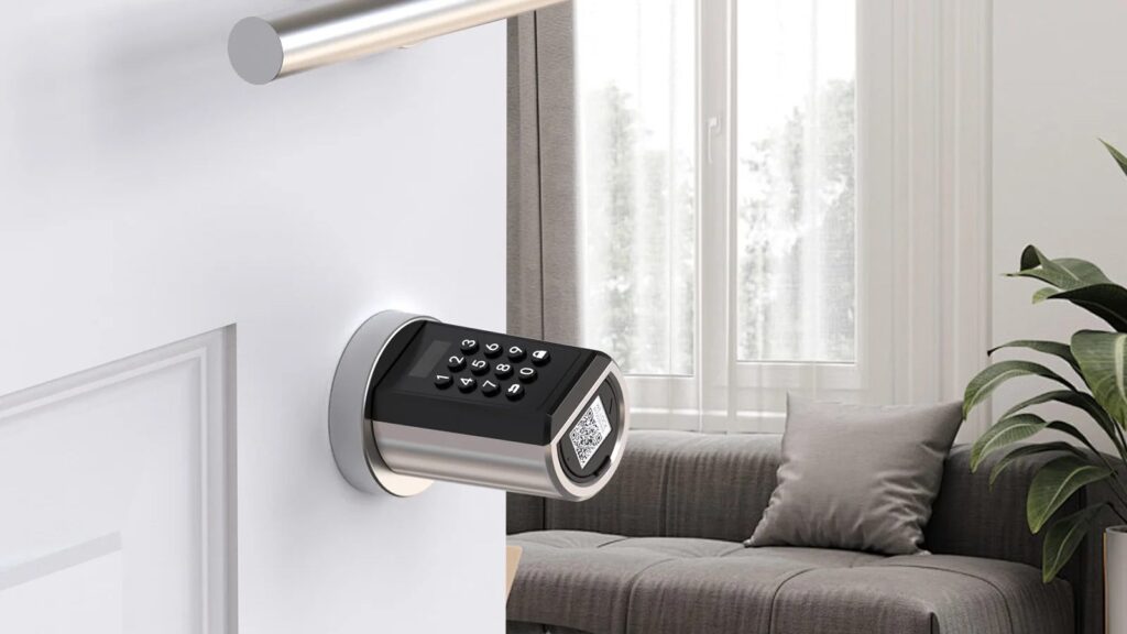 Smart locks compatible with Alexa and Google Home shown as a keypad lock mounted on a white front door