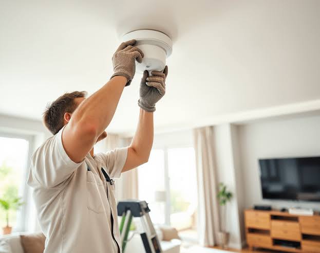 A technician installing a smart smoke detector on a ceiling in a living room